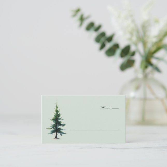 Serene Mint Watercolor Evergreen Tree Placeringskort (Stående Fram)