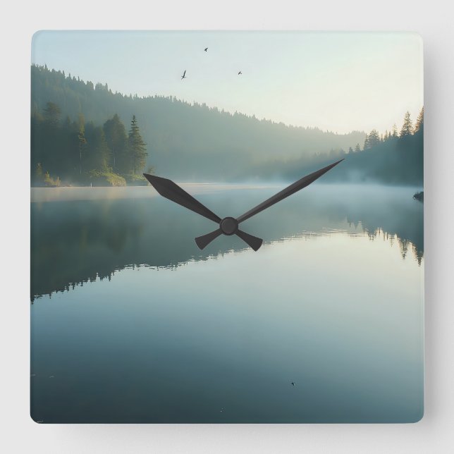 Serene Misty Lake Forest Morning Reflection Fyrkantig Klocka (Framsida)