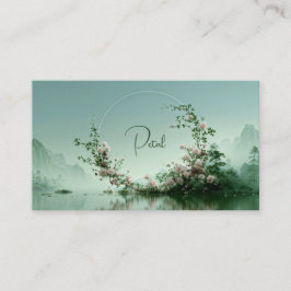 Serene Misty Lake Pink Rose Floral Arch Mountain Visitkort
