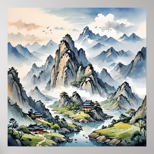 Serene Misty Mountains, Tranquil Ligcape Poster (Framsidan)
