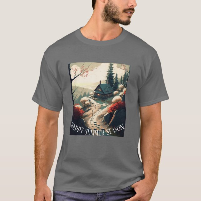 Serene Mountain Cabin Landcape Summer Season T Shirt (Framsida)