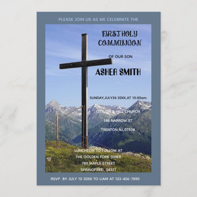 Serene Mountain Cross First Holy Communion Invite Inbjudningar (Framsida)
