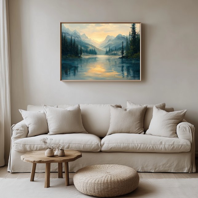 Serene Mountain Sjö vid Sunrise Canvastryck (Serene Mountain Lake Artwork)