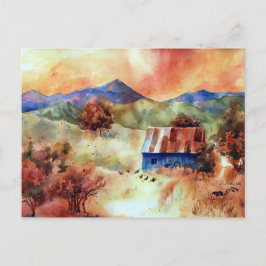 Serene Mountain Watercolor Farm Scene Vykort