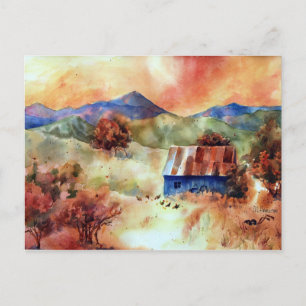 Serene Mountain Watercolor Farm Scene Vykort