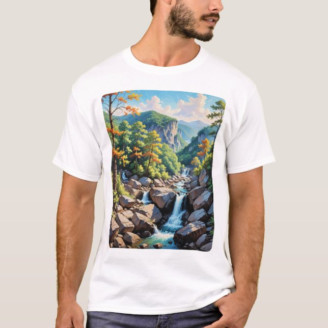 Serene Mountain Waterfall liggande T Shirt (Framsida)