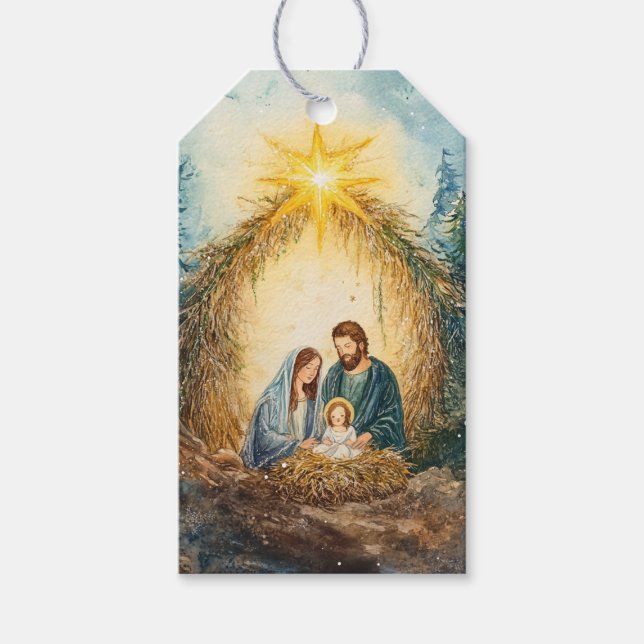 Serene Nativitetscen, varm stjärnigt ljus Presentetikett (Framsidan)