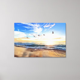 Serene Ocean Sunrise Birds Blå himmel Golden Shore Canvastryck