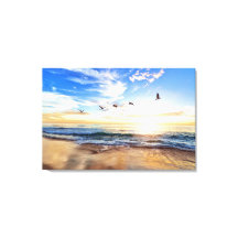 Serene Ocean Sunrise Birds Blå himmel Golden Shore