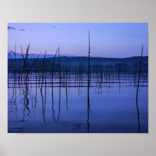Serene och misty sjö efter kraftiga regn poster