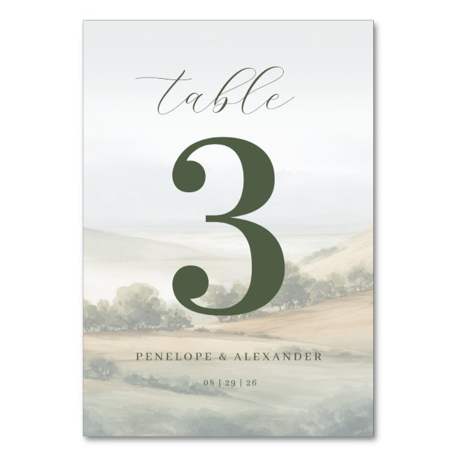 Serene Olive Landscape Table Number Bordsnummer (Framsidan)