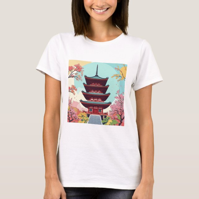 Serene Pagoda Amidst Blossoming Träd - japanska T Shirt (Framsida)