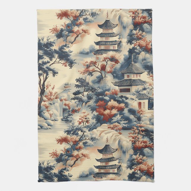 Serene Pagodas i ett bergslandskap Kökshandduk (Vertikal)