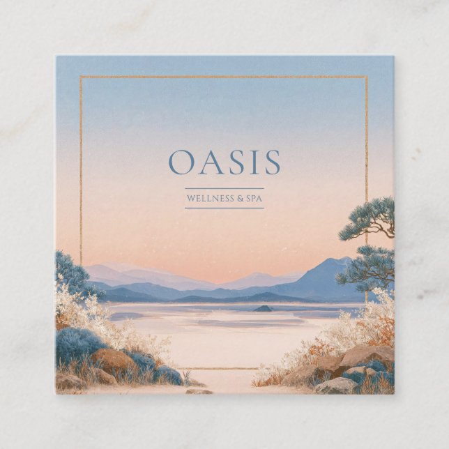 Serene Peach Blue Landscape Gold Frame Artistic Fyrkantigt Visitkort (Framsida)