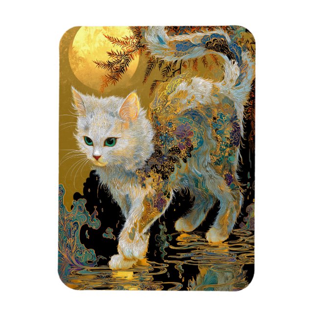 Serene Rinpa Cat | Japanska Guld Zen Magnet (Vertikal)