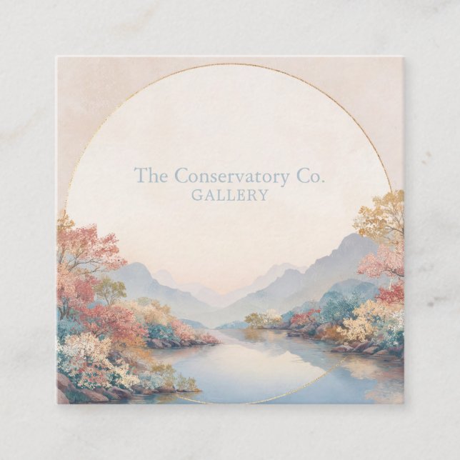 Serene River Landscape Gold Circle Autumnal Floral Fyrkantigt Visitkort (Framsida)