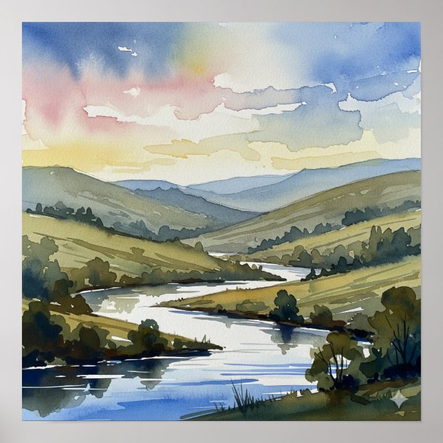Serene River Ligcape Watercolor Poster (Framsidan)
