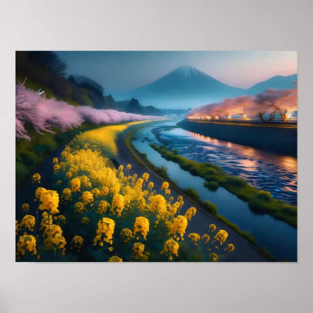 Serene Sakura och Blommar med Majestic Mountain Poster (Framsidan)