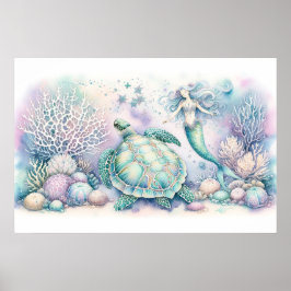 Serene Sea Turtle and Sjöjungfru Print Poster