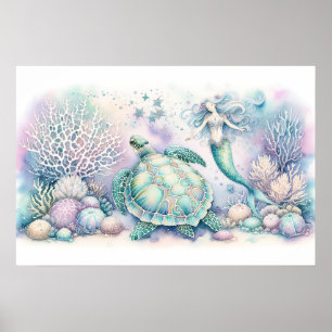 Serene Sea Turtle and Sjöjungfru Print Poster