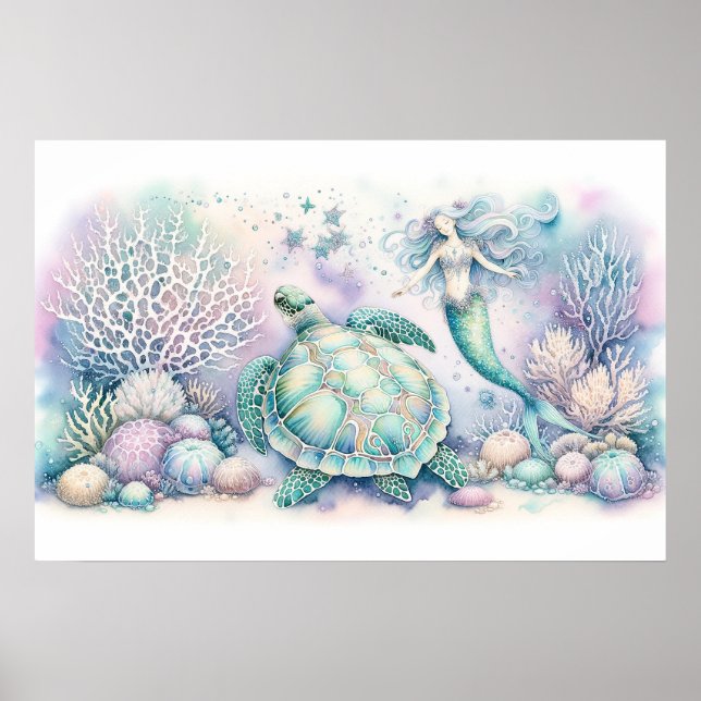 Serene Sea Turtle and Sjöjungfru Print Poster (Framsidan)