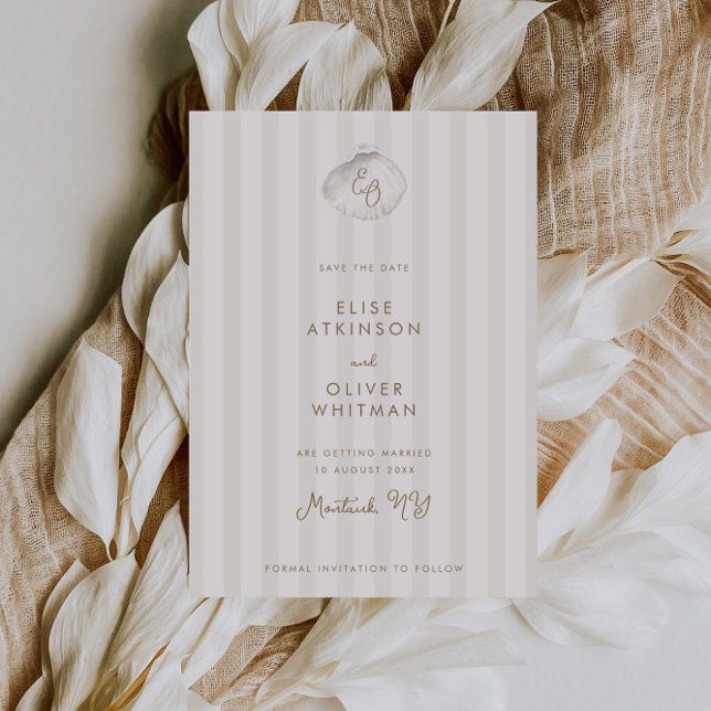 Serene Shell Monogram Coastal Stripes Wedding Spara Datumet (Skapare uppladdad)