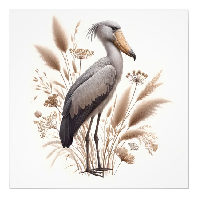 Serene Shoebill Stork i Soft Light Bush Fototryck (Framsidan)
