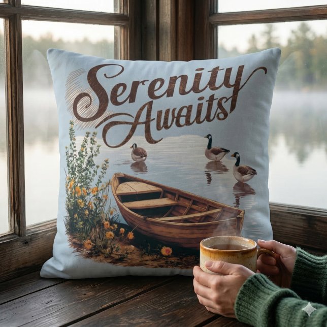 Serene Sjö Boat med Geese och Wildblommor Kudde (Serene Lake Boat with Geese and Wildflowers Throw Pillow In Window)