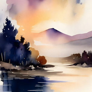 Serene Sjö och Mountain Sunrise Digital Art Print Poster