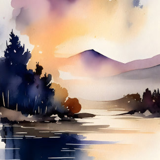 Serene Sjö och Mountain Sunrise Digital Art Print Poster