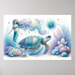 Serene Sjöjungfru och Sea Turtle Print Poster