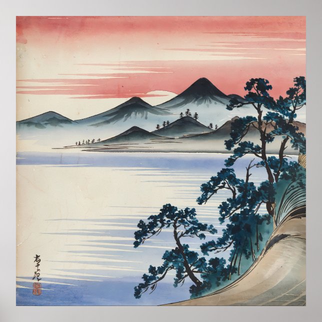 Serene Sjölandskap Solnedgång Vintage vattenfärgsm Poster (Framsidan)