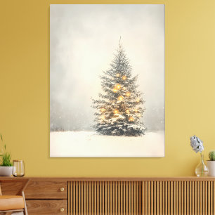 Serene Snowy Julgran med Golden Glow Canvastryck