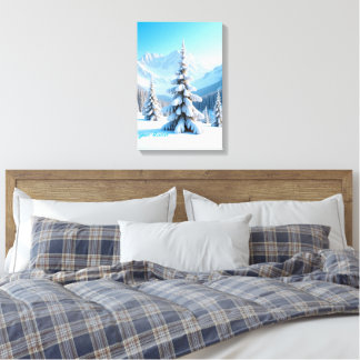 Serene Snowy Mountain Landscape & Winter Pine Tree Canvastryck