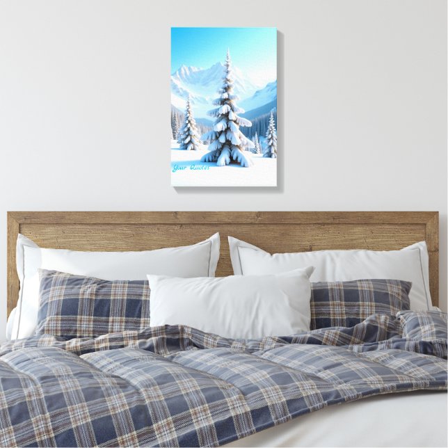 Serene Snowy Mountain Landscape & Winter Pine Tree Canvastryck (Insitu (sovrum))