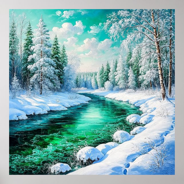 Serene Snowy Riverbank med Evergreen Träd Poster (Framsidan)