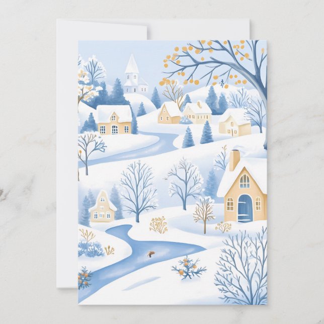 Serene Snowy Village Helgdag Card Julkort (Framsida)