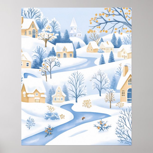 Serene Snowy Village with Flowing Stream Poster (Framsidan)