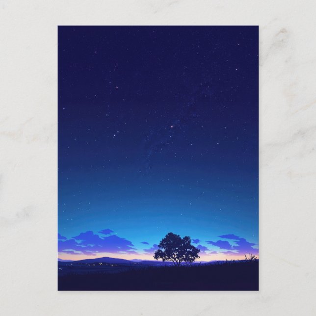 Serene Starry Night Tree Silhouette Vykort (Framsida)