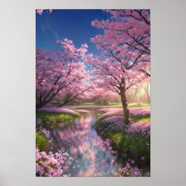 Serene Stream och Sakura Träd Poster