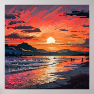 Serene Sunset Beach: Abstrakt Japanskt-inspirerat Poster