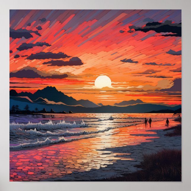Serene Sunset Beach: Abstrakt Japanskt-inspirerat  Poster (Framsidan)