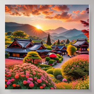 Serene Sunset over japansk Garden, liggande Poster