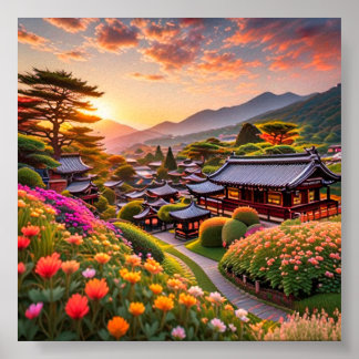 Serene Sunset over japansk Garden, liggande Poster