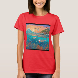 Serene Sunset over Ocean med Soaring Fiskmås T Shirt