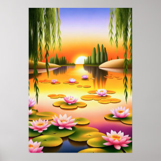 Serene Sunset over Tranquil Vatten Lilies Poster