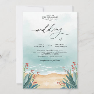 Serene Teal Beach Blommigt Bröllop Inbjudningar