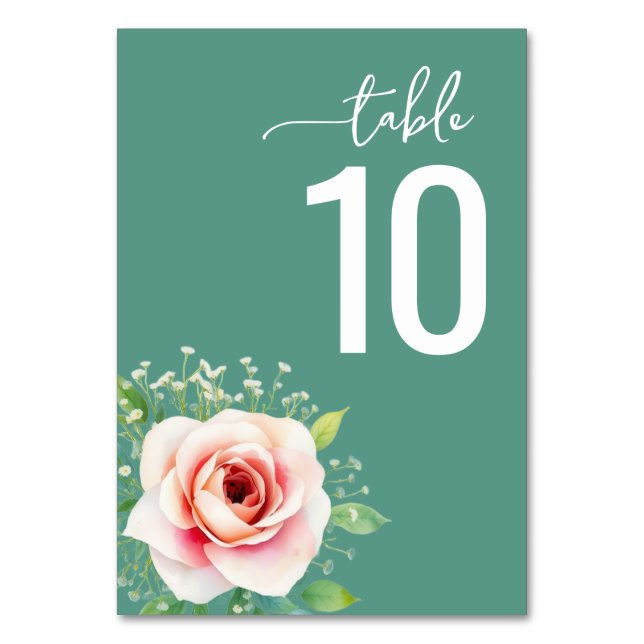 Serene Teal Botanical Wedding Table Card Bordsnummer (Framsidan)