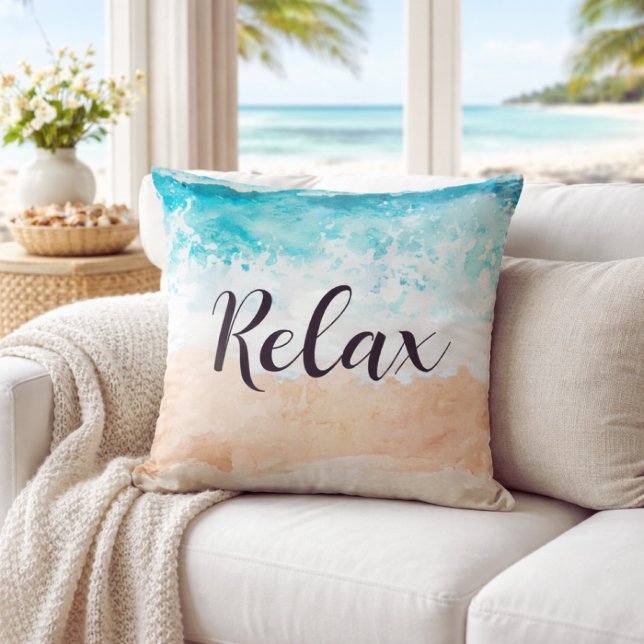 Serene Teal Coastal Ocean Waves Relax Beach Kudde (relax ocean beach pillow)