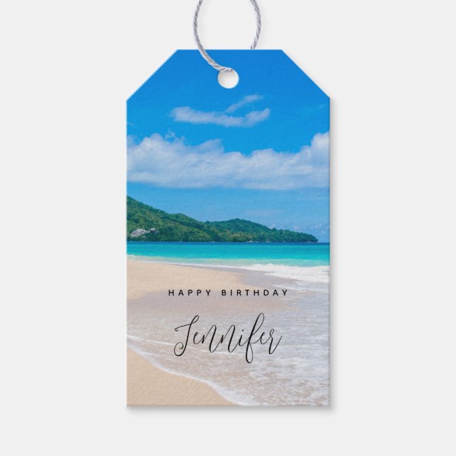 Serene Tropical Destination Scenia Beach Birthday Presentetikett (Framsidan)